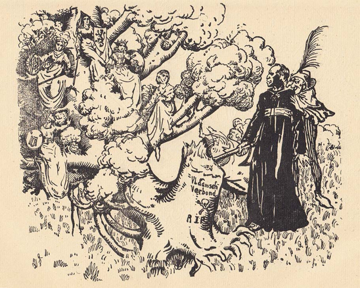 <p>Een grimmige kardinaal Mercier hakt een stevige boom om waaruit meteen vijf sterke takken, de Vlaamse gouwgilden, voortspruiten. Karikatuur over de afschaffing van het Vlaamsch Verbond in <em>Ons Leven</em>, maart 1910. (ADVN)</p>